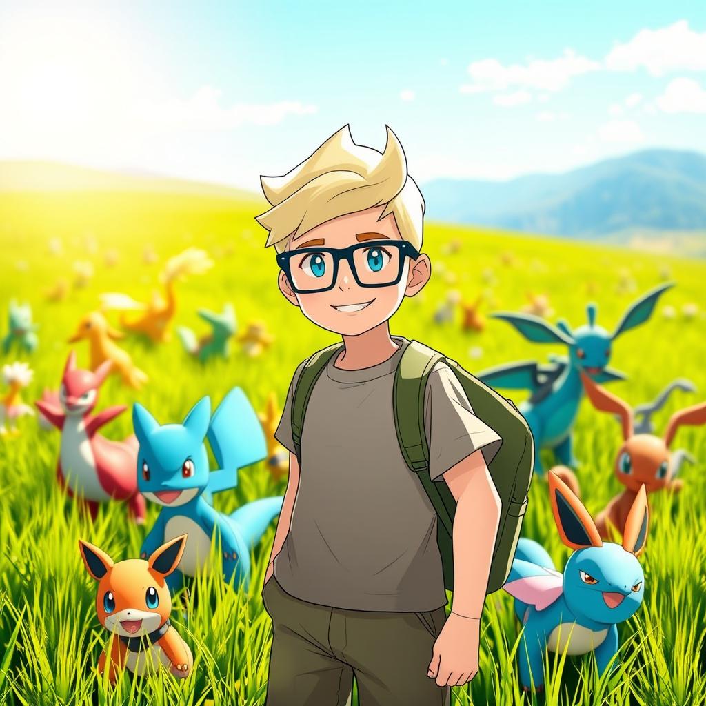 A young blonde boy acting as a Pokémon trainer, wearing square glasses