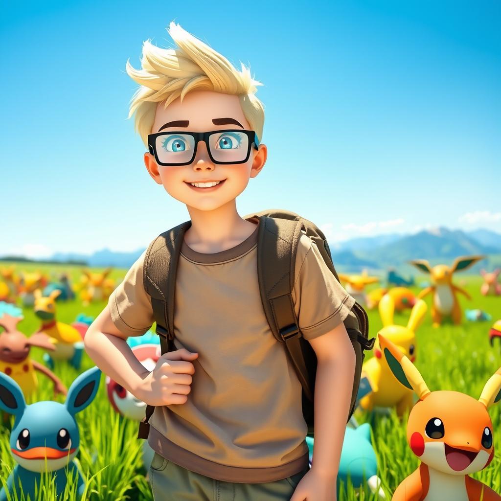 A young blonde boy acting as a Pokémon trainer, wearing square glasses