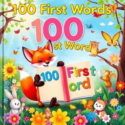 A captivating children's book cover titled '100 First Words', featuring a magical scene with a cheerful little fox and a friendly owl in a vibrant forest