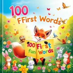 A captivating children's book cover titled '100 First Words', featuring a magical scene with a cheerful little fox and a friendly owl in a vibrant forest