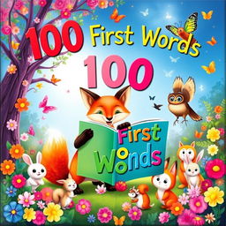 A captivating children's book cover titled '100 First Words', featuring a magical scene with a cheerful little fox and a friendly owl in a vibrant forest