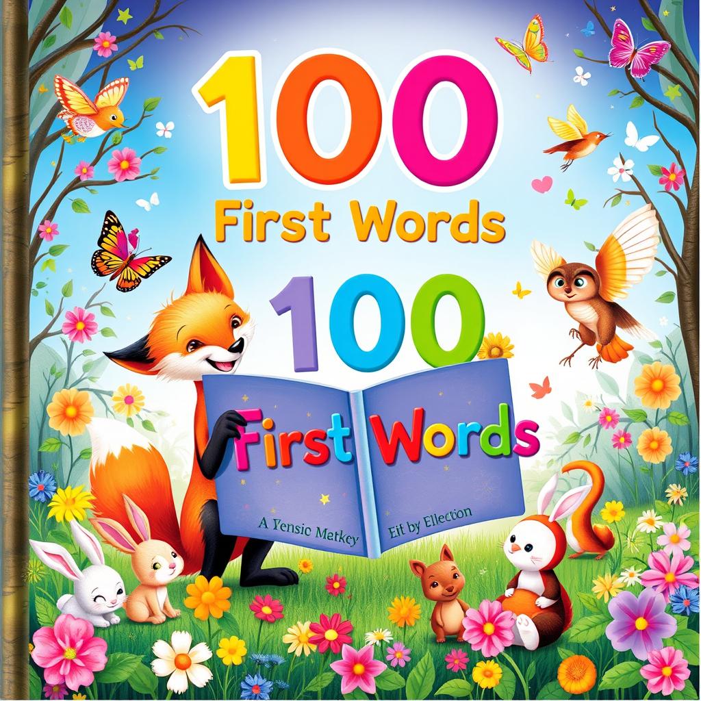 A captivating children's book cover titled '100 First Words', featuring a magical scene with a cheerful little fox and a friendly owl in a vibrant forest