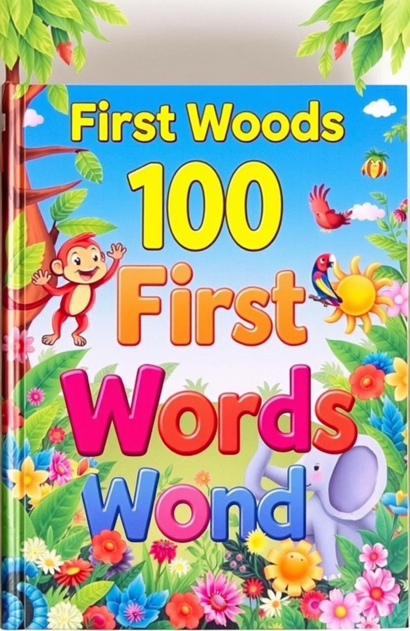 A captivating children's book cover titled '100 First Words', featuring an enchanting illustration of a whimsical jungle scene filled with vivid colors