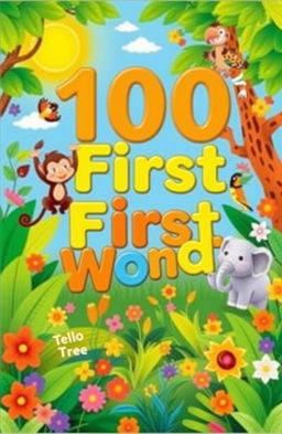 A captivating children's book cover titled '100 First Words', featuring an enchanting illustration of a whimsical jungle scene filled with vivid colors