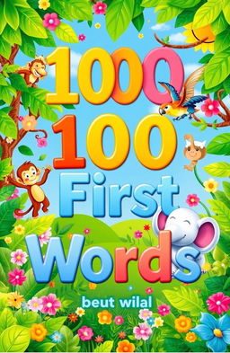 A captivating children's book cover titled '100 First Words', featuring an enchanting illustration of a whimsical jungle scene filled with vivid colors