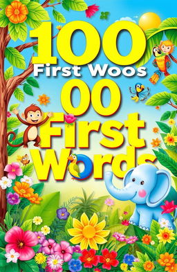 A captivating children's book cover titled '100 First Words', featuring an enchanting illustration of a whimsical jungle scene filled with vivid colors