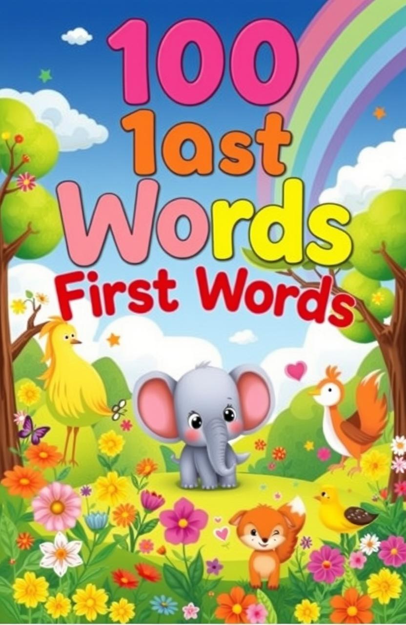 A whimsical illustration of a vibrant children's book cover titled '100 First Words' featuring a colorful forest scene filled with adorable animals like a playful elephant, a curious fox, and a cheerful bird, surrounded by bright flowers and trees