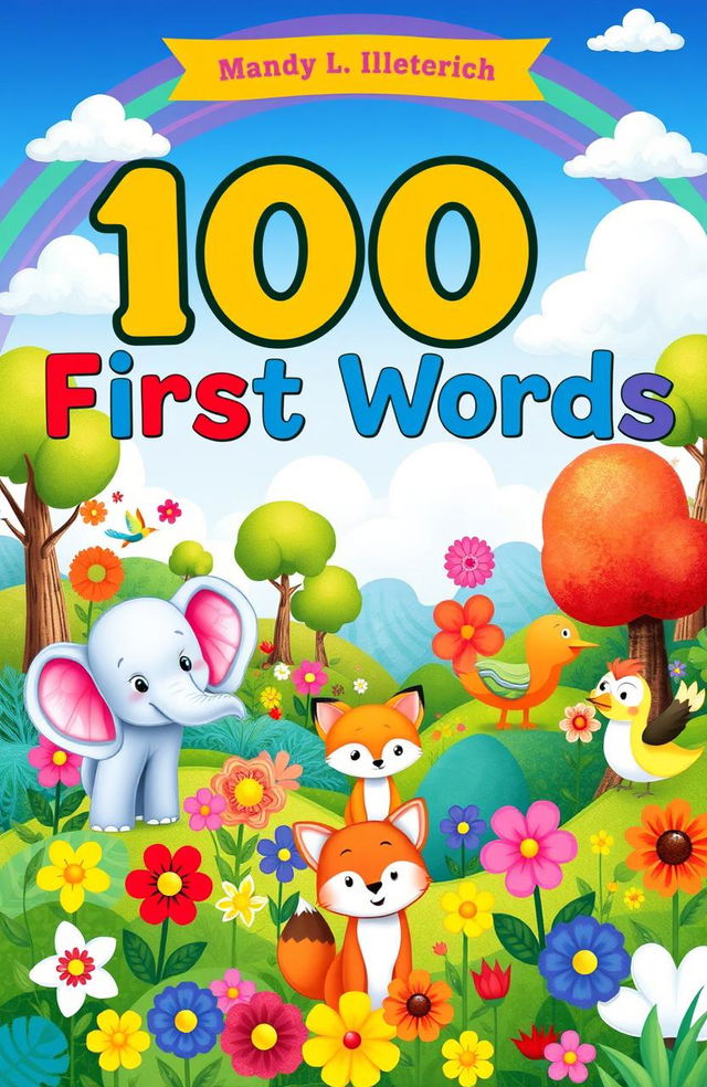 A whimsical illustration of a vibrant children's book cover titled '100 First Words' featuring a colorful forest scene filled with adorable animals like a playful elephant, a curious fox, and a cheerful bird, surrounded by bright flowers and trees