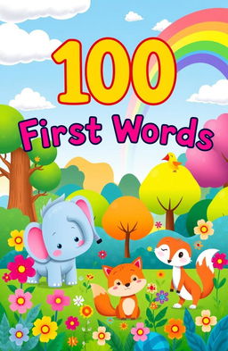 A whimsical illustration of a vibrant children's book cover titled '100 First Words' featuring a colorful forest scene filled with adorable animals like a playful elephant, a curious fox, and a cheerful bird, surrounded by bright flowers and trees