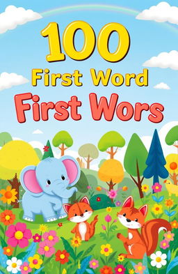 A whimsical illustration of a vibrant children's book cover titled '100 First Words' featuring a colorful forest scene filled with adorable animals like a playful elephant, a curious fox, and a cheerful bird, surrounded by bright flowers and trees