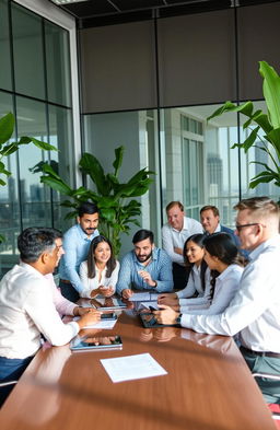 A contemporary office environment filled with dynamic professionals engaged in discussion and collaboration