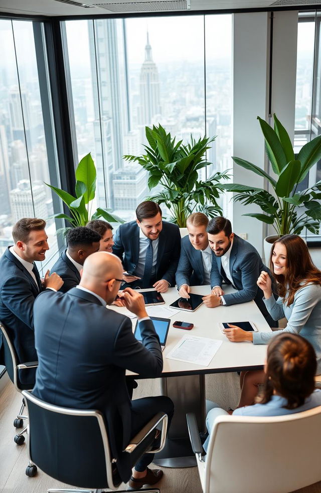 A contemporary office environment filled with dynamic professionals engaged in discussion and collaboration