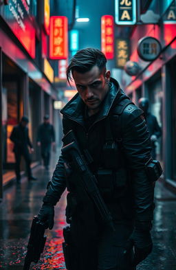 A covert agent in a sleek, high-tech urban environment, dressed in a tactical outfit with gadgets, stealthily navigating through a dimly lit alley