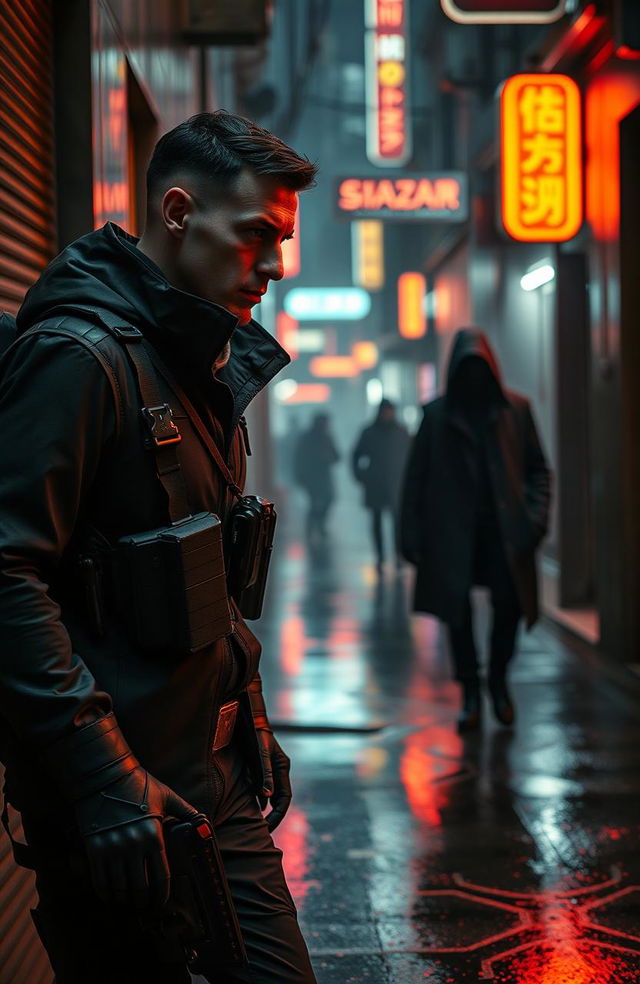 A covert agent in a sleek, high-tech urban environment, dressed in a tactical outfit with gadgets, stealthily navigating through a dimly lit alley