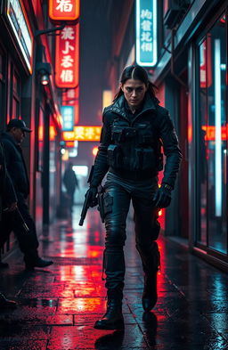 A covert agent in a sleek, high-tech urban environment, dressed in a tactical outfit with gadgets, stealthily navigating through a dimly lit alley