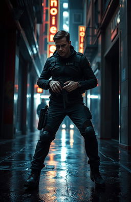 A covert agent in a sleek, high-tech urban environment, dressed in a tactical outfit with gadgets, stealthily navigating through a dimly lit alley