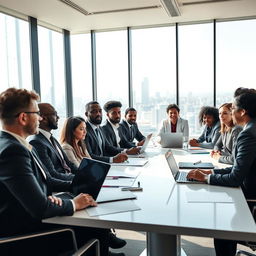 A powerful and inspiring scene of a diverse group of leaders gathered in a modern conference room, engaged in a dynamic discussion