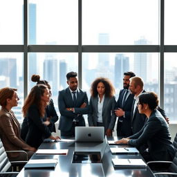 A powerful and inspiring scene of a diverse group of leaders gathered in a modern conference room, engaged in a dynamic discussion