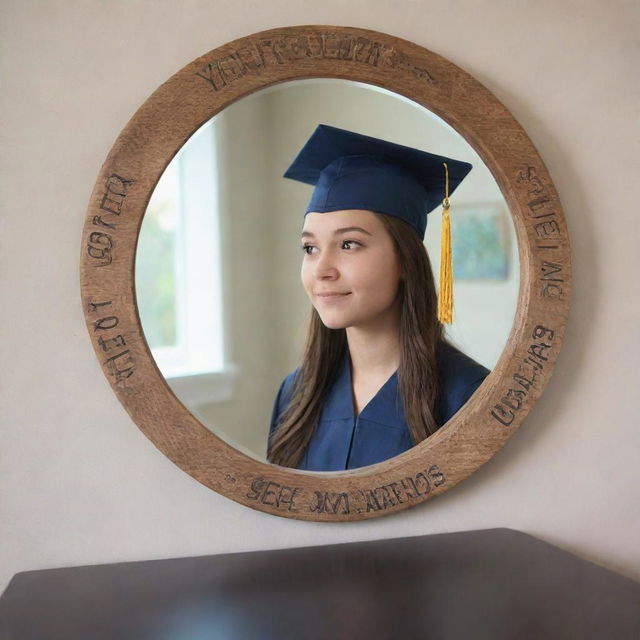 Create an artistic representation of a teen gazing into the mirror. The mirror's reflection shows symbolic images of graduation, career, and travel, representing future aspirations. Overlay this scene with the stylized slogan 'See Your Future Clearly Before Becoming a Parent'.