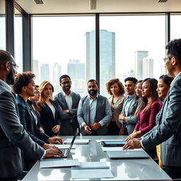 A powerful and inspiring scene of a diverse group of leaders gathered in a modern conference room, engaged in a dynamic discussion