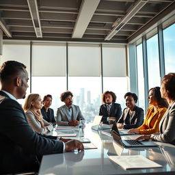 A powerful and inspiring scene of a diverse group of leaders gathered in a modern conference room, engaged in a dynamic discussion