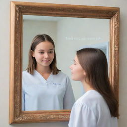 Create an artistic representation of a teen gazing into the mirror. The mirror's reflection shows symbolic images of graduation, career, and travel, representing future aspirations. Overlay this scene with the stylized slogan 'See Your Future Clearly Before Becoming a Parent'.