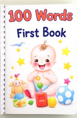 A delightful children's book cover titled '100 Words First Book' featuring a charming baby in a whimsical setting