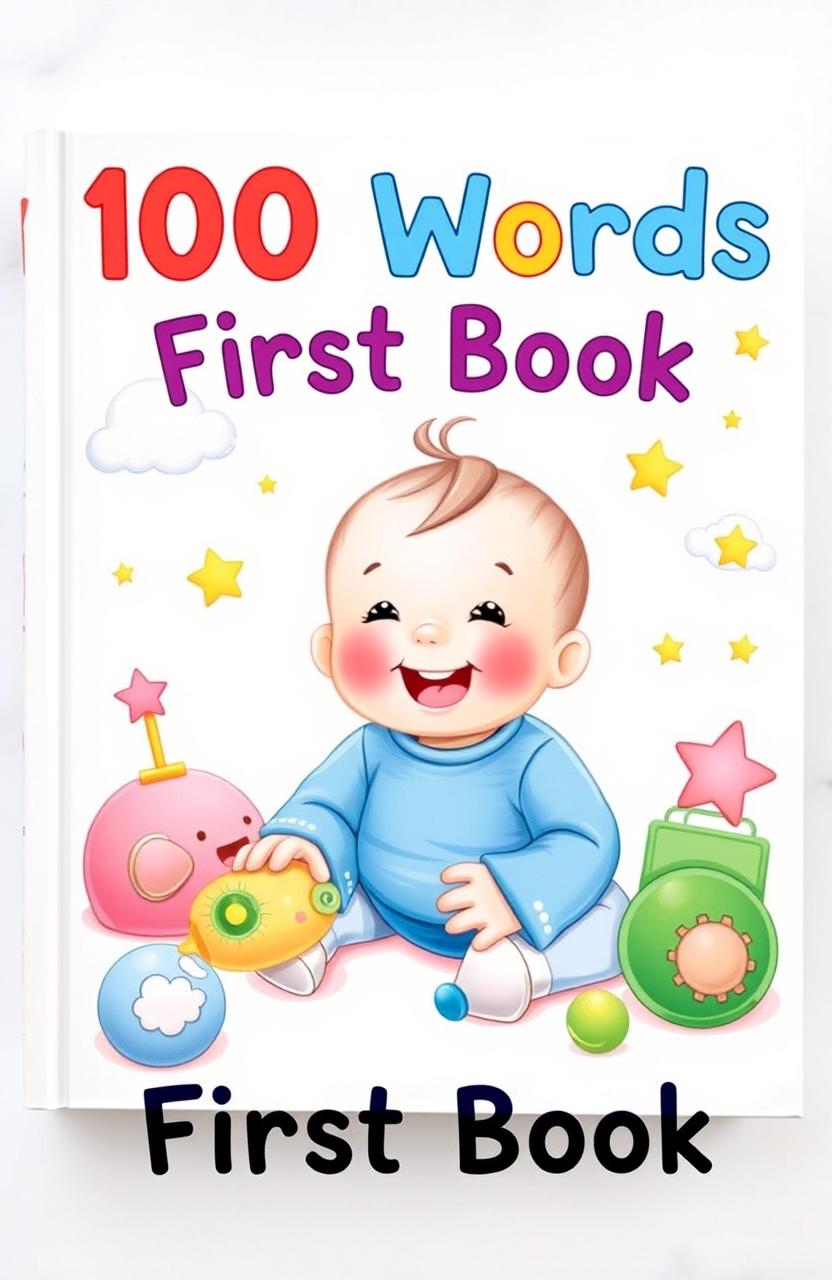 A delightful children's book cover titled '100 Words First Book' featuring a charming baby in a whimsical setting