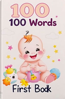 A delightful children's book cover titled '100 Words First Book' featuring a charming baby in a whimsical setting