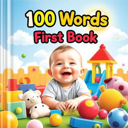 A captivating children's book cover titled '100 Words First Book' featuring an adorable baby smiling joyfully amidst a vibrant playground scene