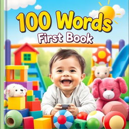 A captivating children's book cover titled '100 Words First Book' featuring an adorable baby smiling joyfully amidst a vibrant playground scene