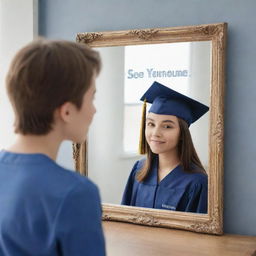 Create an artistic representation of a teen gazing into the mirror. The mirror's reflection shows symbolic images of graduation, career, and travel, representing future aspirations. Overlay this scene with the stylized slogan 'See Your Future Clearly Before Becoming a Parent'.