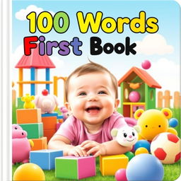 A captivating children's book cover titled '100 Words First Book' featuring an adorable baby smiling joyfully amidst a vibrant playground scene