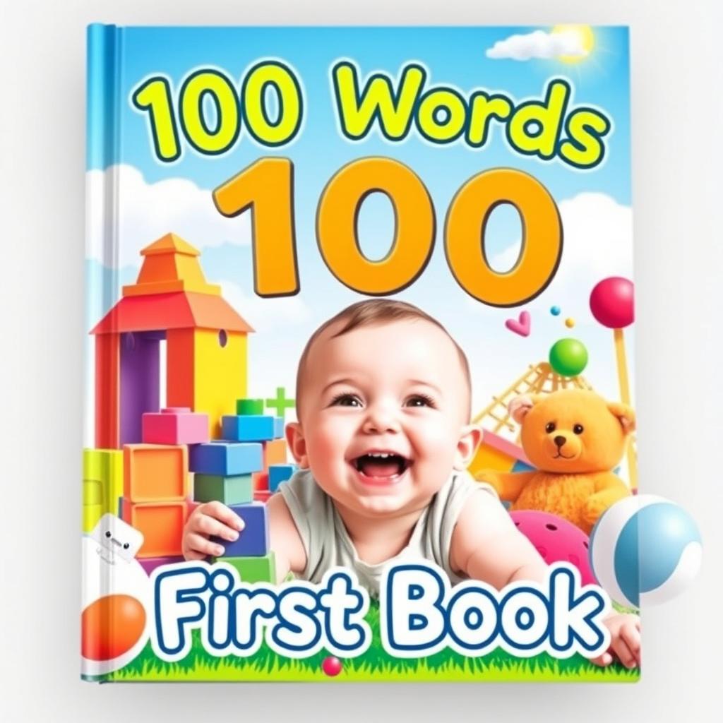 A captivating children's book cover titled '100 Words First Book' featuring an adorable baby smiling joyfully amidst a vibrant playground scene