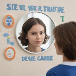 Create an artistic representation of a teen gazing into the mirror. The mirror's reflection shows symbolic images of graduation, career, and travel, representing future aspirations. Overlay this scene with the stylized slogan 'See Your Future Clearly Before Becoming a Parent'.