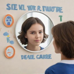 Create an artistic representation of a teen gazing into the mirror. The mirror's reflection shows symbolic images of graduation, career, and travel, representing future aspirations. Overlay this scene with the stylized slogan 'See Your Future Clearly Before Becoming a Parent'.