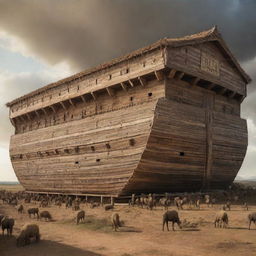 An ancient, gargantuan ark, embodying Noah's Ark with a blend of rustic and divine characteristics