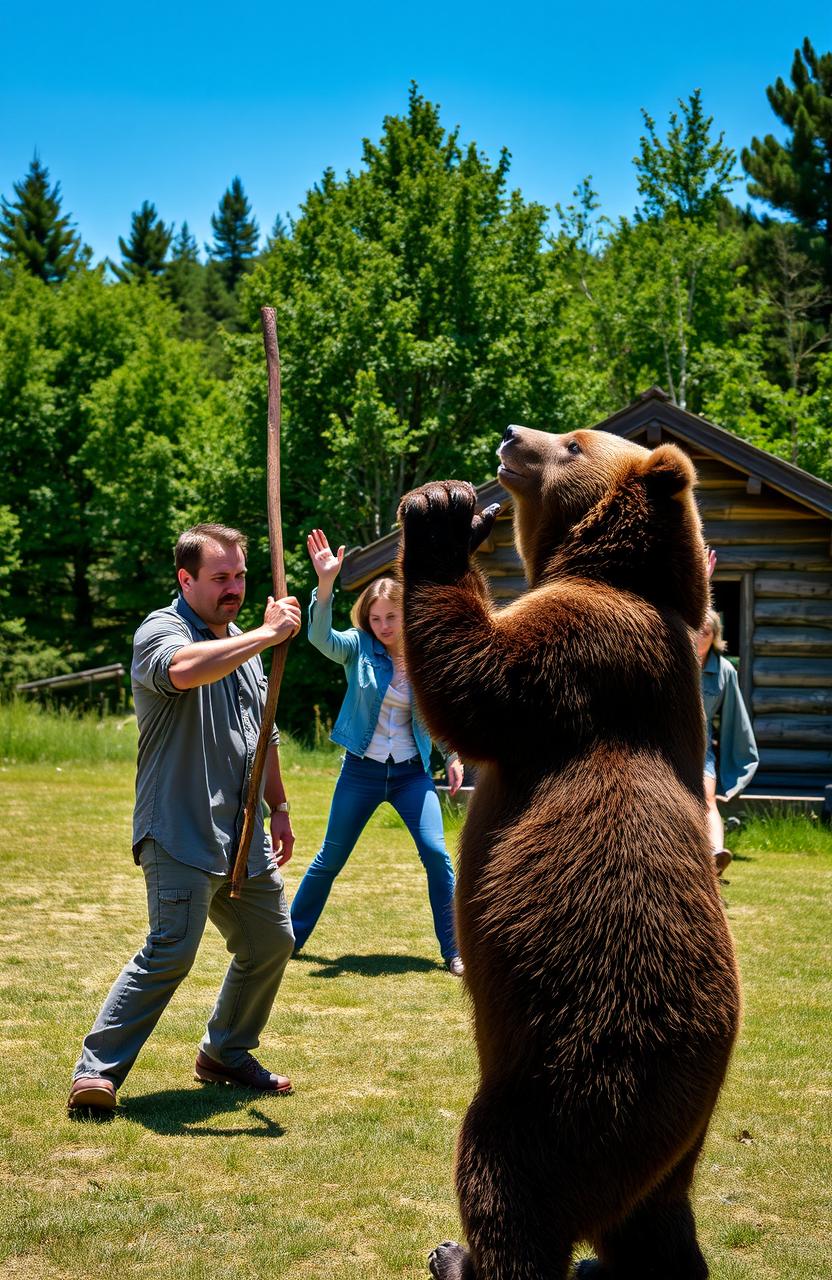 A dramatic scene depicting three adults in a clearing near a rustic wooden hut, engaged in a fierce struggle with a large brown bear