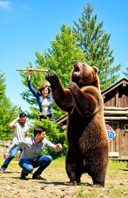 A dramatic scene depicting three adults in a clearing near a rustic wooden hut, engaged in a fierce struggle with a large brown bear