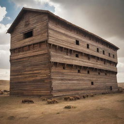 An ancient, gargantuan ark, embodying Noah's Ark with a blend of rustic and divine characteristics