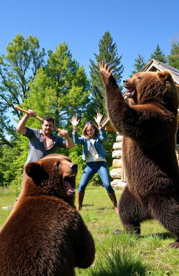 A dramatic scene depicting three adults in a clearing near a rustic wooden hut, engaged in a fierce struggle with a large brown bear