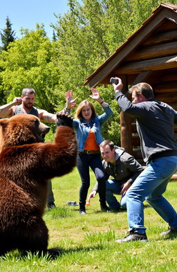 A dramatic scene depicting three adults in a clearing near a rustic wooden hut, engaged in a fierce struggle with a large brown bear