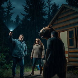 A suspenseful nighttime scene featuring three adults outside a rustic wooden hut in a dense forest, illuminated by a dim flashlight