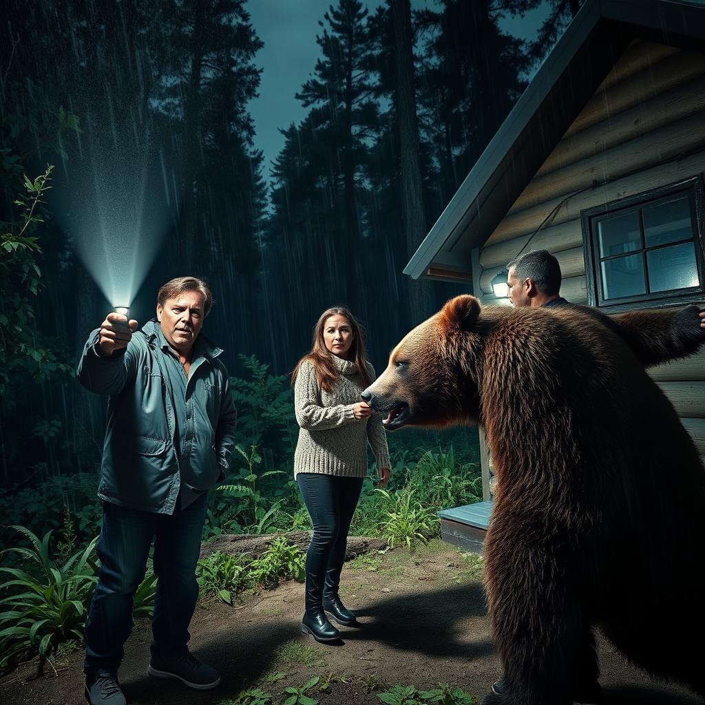 A suspenseful nighttime scene featuring three adults outside a rustic wooden hut in a dense forest, illuminated by a dim flashlight