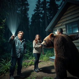 A suspenseful nighttime scene featuring three adults outside a rustic wooden hut in a dense forest, illuminated by a dim flashlight