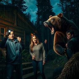 A suspenseful nighttime scene featuring three adults outside a rustic wooden hut in a dense forest, illuminated by a dim flashlight