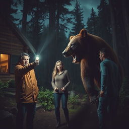 A suspenseful nighttime scene featuring three adults outside a rustic wooden hut in a dense forest, illuminated by a dim flashlight