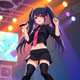 A woman with long black twintails and striking red eyes, confidently performing on stage