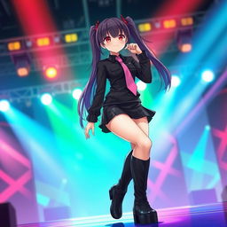 A woman with long black twintails and striking red eyes, confidently performing on stage