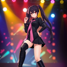 A woman with long black twintails and striking red eyes, confidently performing on stage